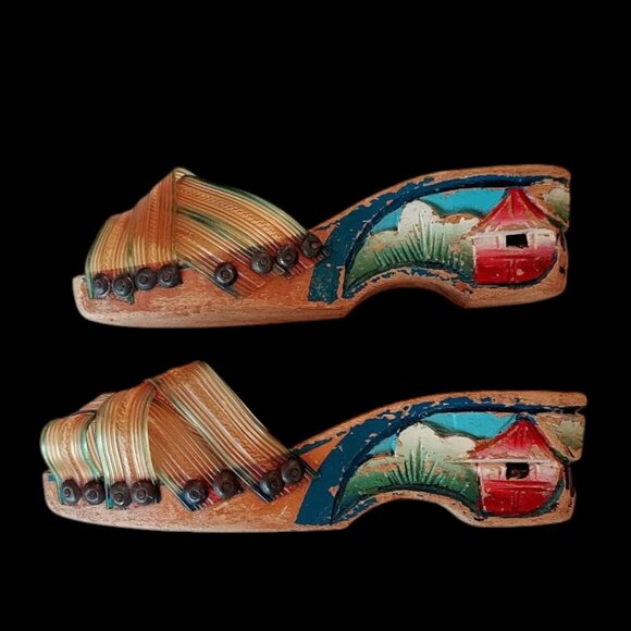 Rare 1940s Philippines Wedge Sandal Childs Shoe Hand Painted Carved Wood WWII - Picture 6 of 9